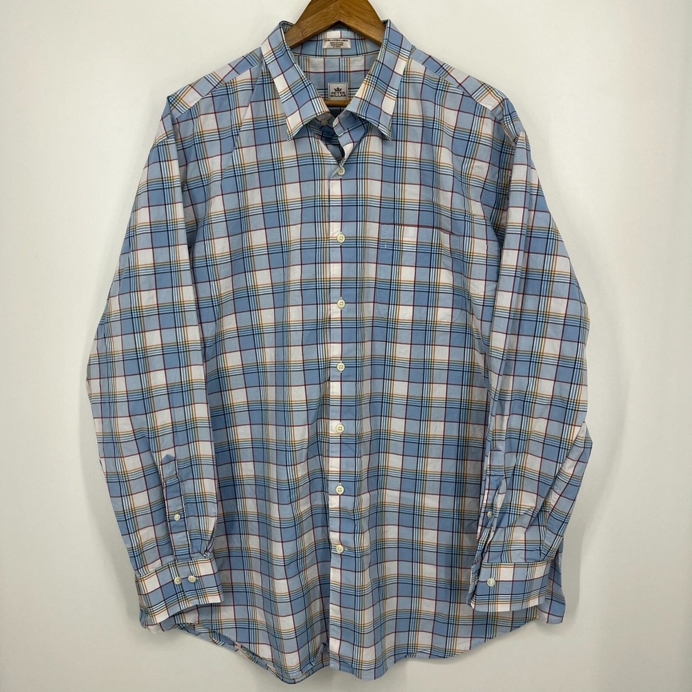 Peter Millar Long Sleeve Button Shirt Men's 2XL Blue Plaid Print Collared Cotton